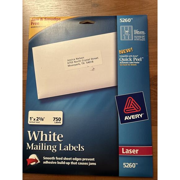 Avery Easy Peel Mailing Address Labels Laser 1" x 2-5/8" White 720qty 5260 Open - Picture 1 of 6